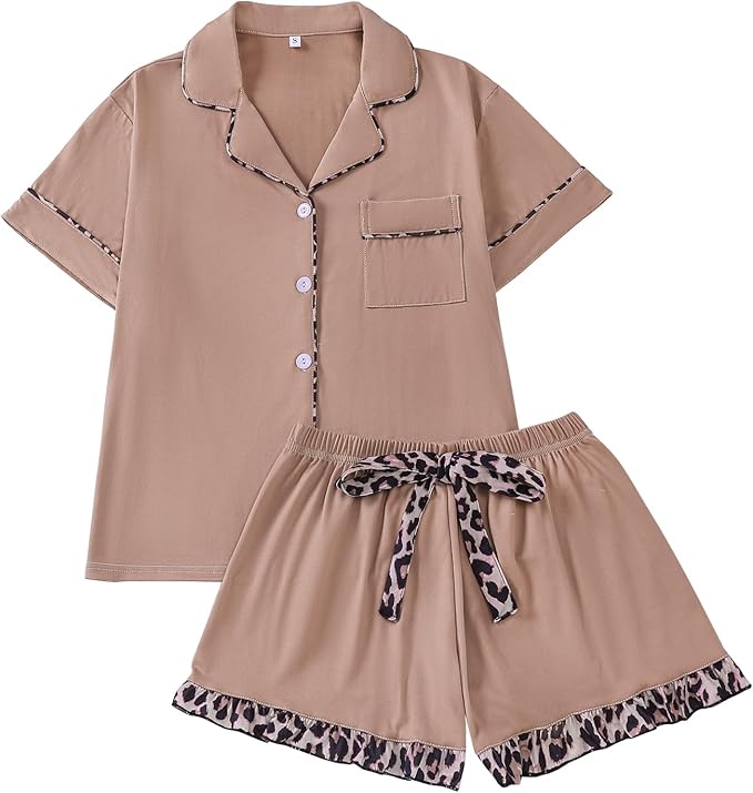 Women's Shorts and Button Down Leopard Top 2-piece Summer Pajamas