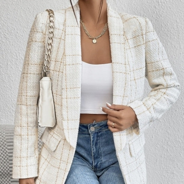 Chaqueta de Traje de Lino para Mujer de Color Sólido con Diseño de Bolsillo Falso y de Moda