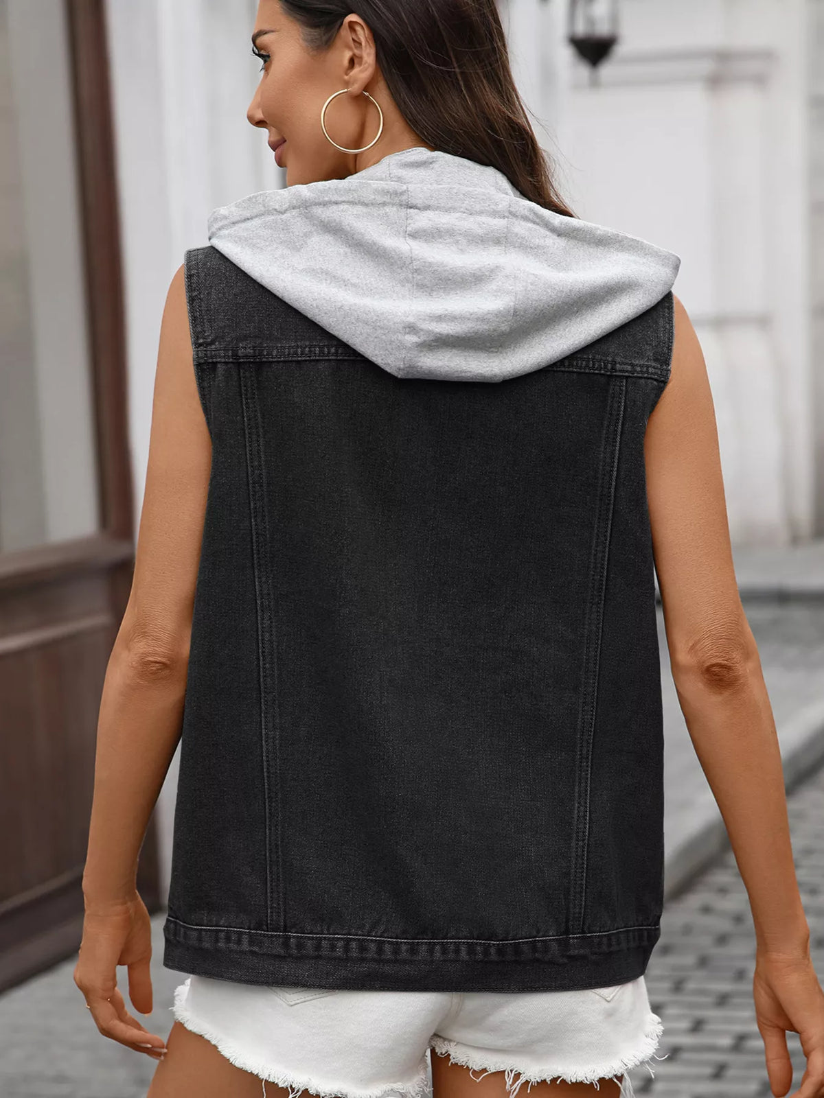 Button Up Removable Hooded Sleeveless Denim Jacket