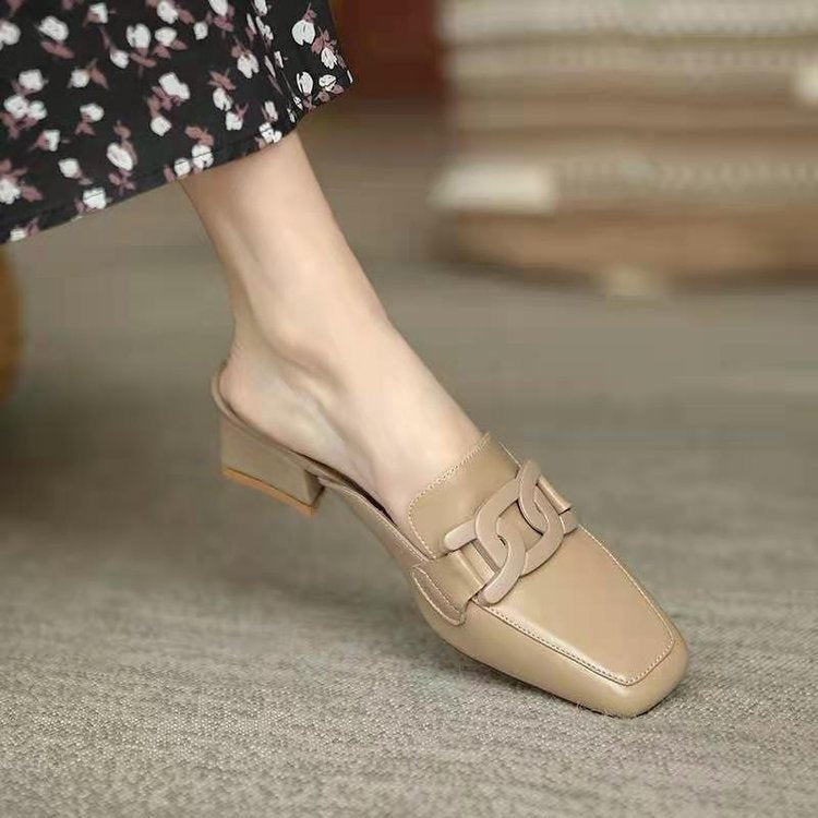 Slip-On British Metal Buckle Square-Toe Slippers