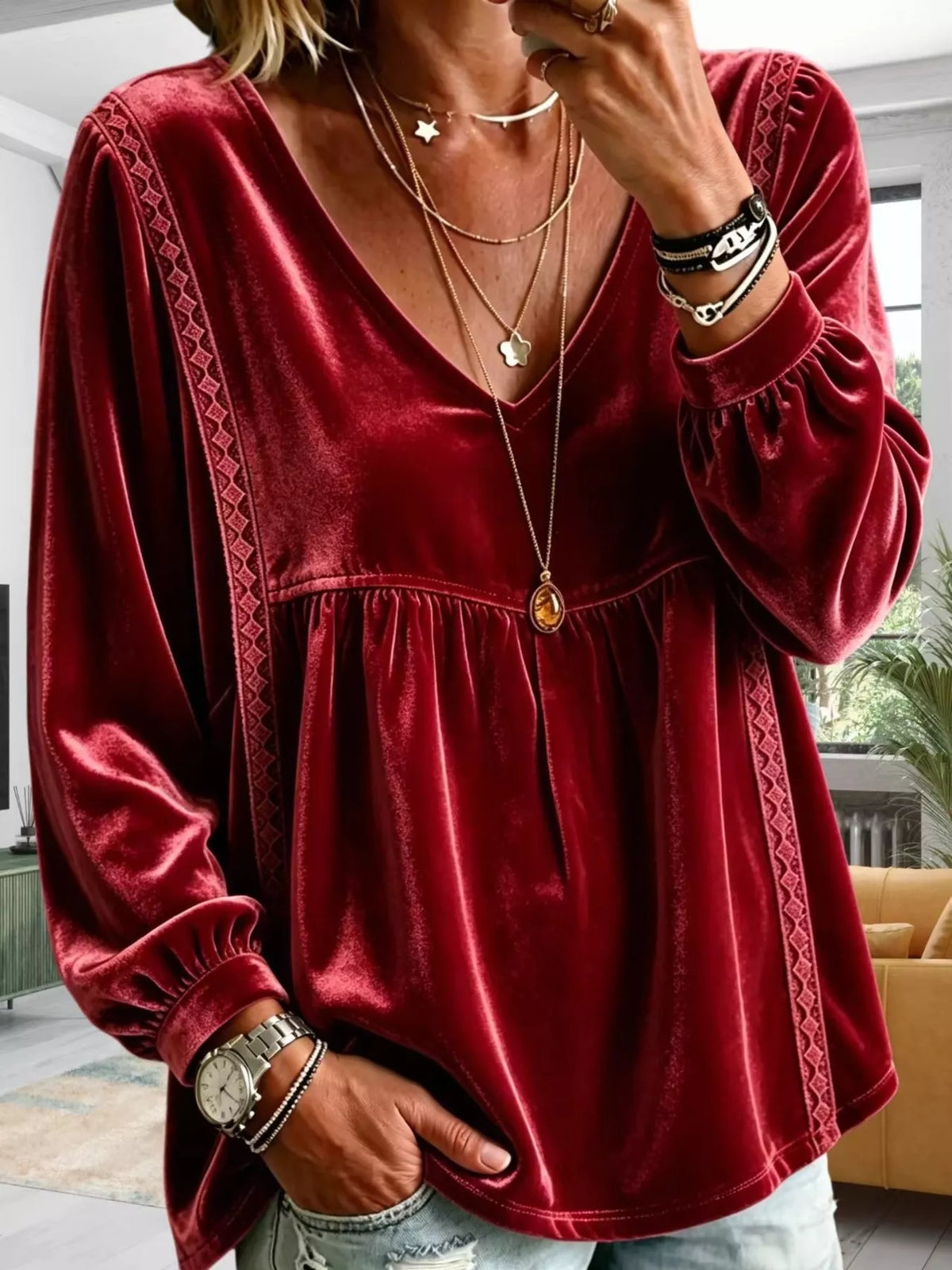 Full Size Velvet Lace Detail V-Neck Blouse Plus Size