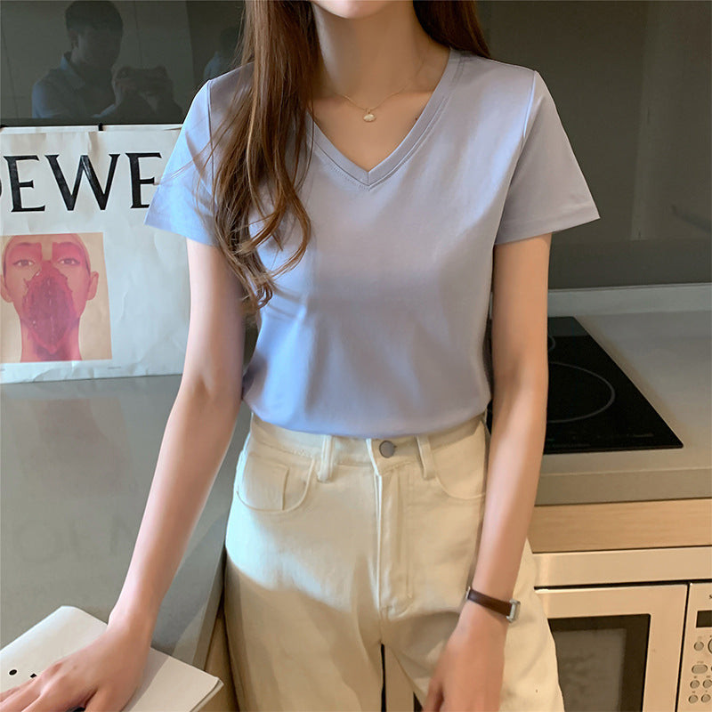 Womens Loose-Fit Round-Neck V-Neck Pure Cotton T-Shirt