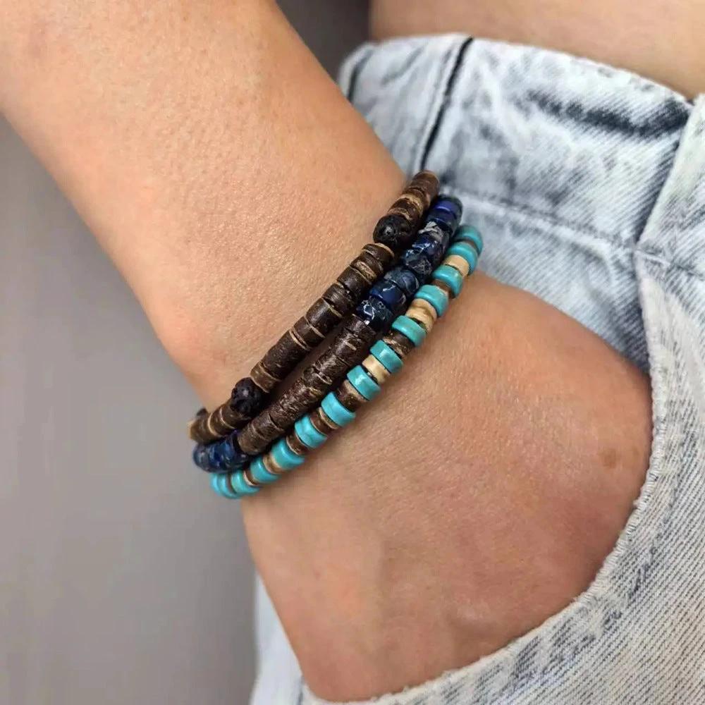 Retro Men's Coconut Wood Multi-Layer Stackable Bracelet Set