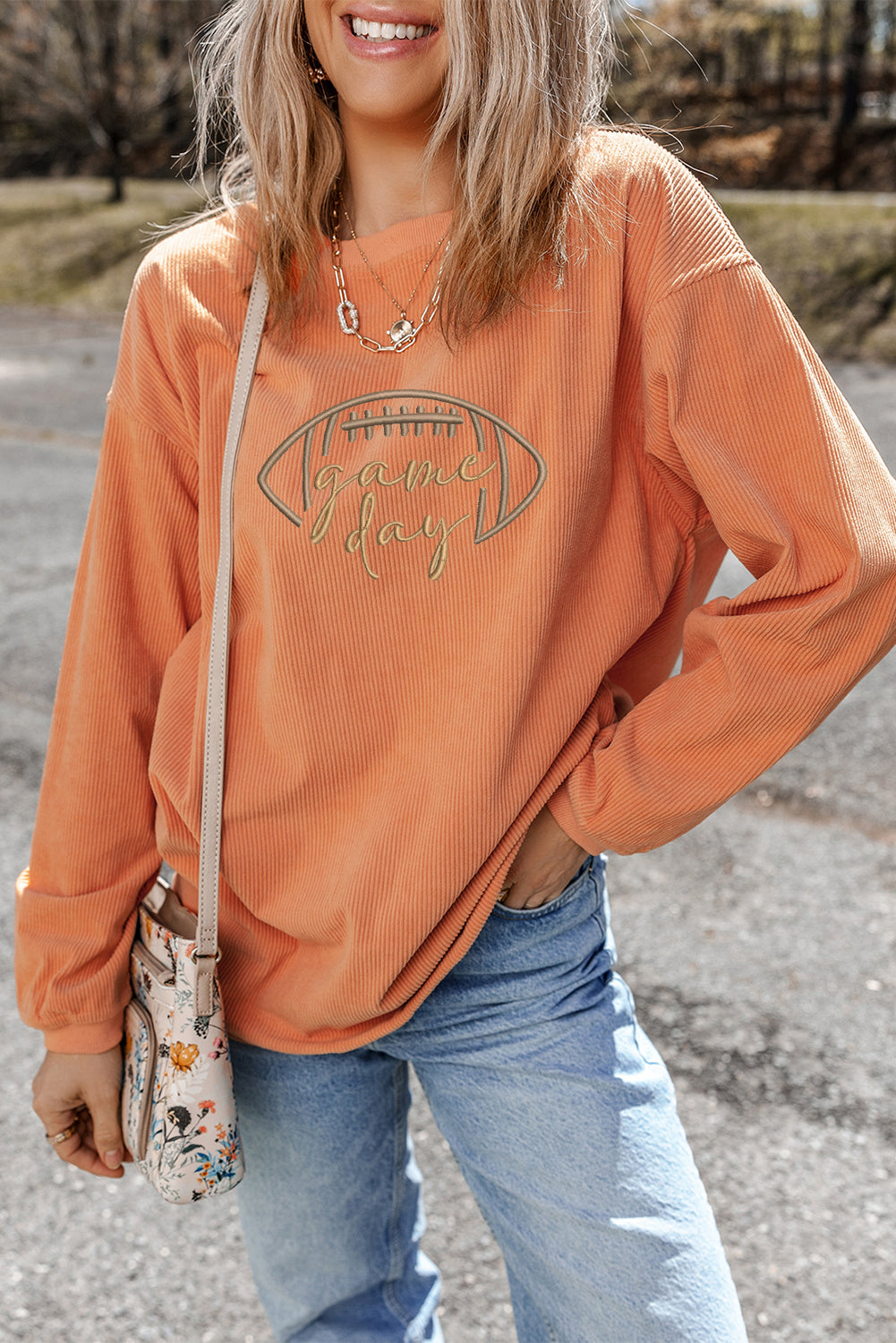 Sudadera de pana bordada "Día de partido de rugby" naranja