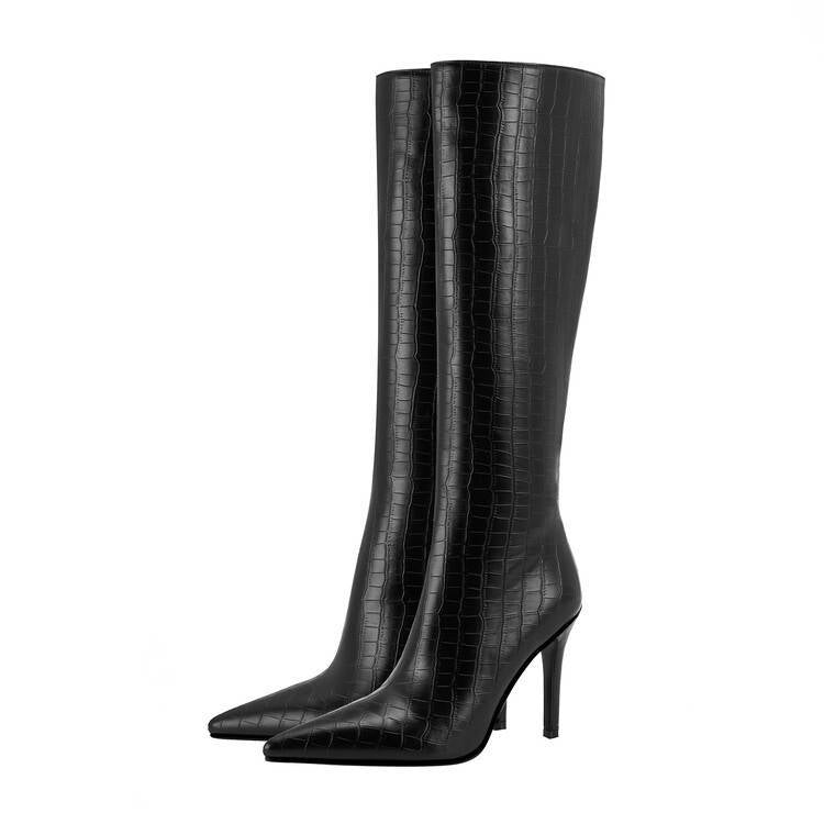 Solid Color Zipper Pointed Stiletto Heel Boots