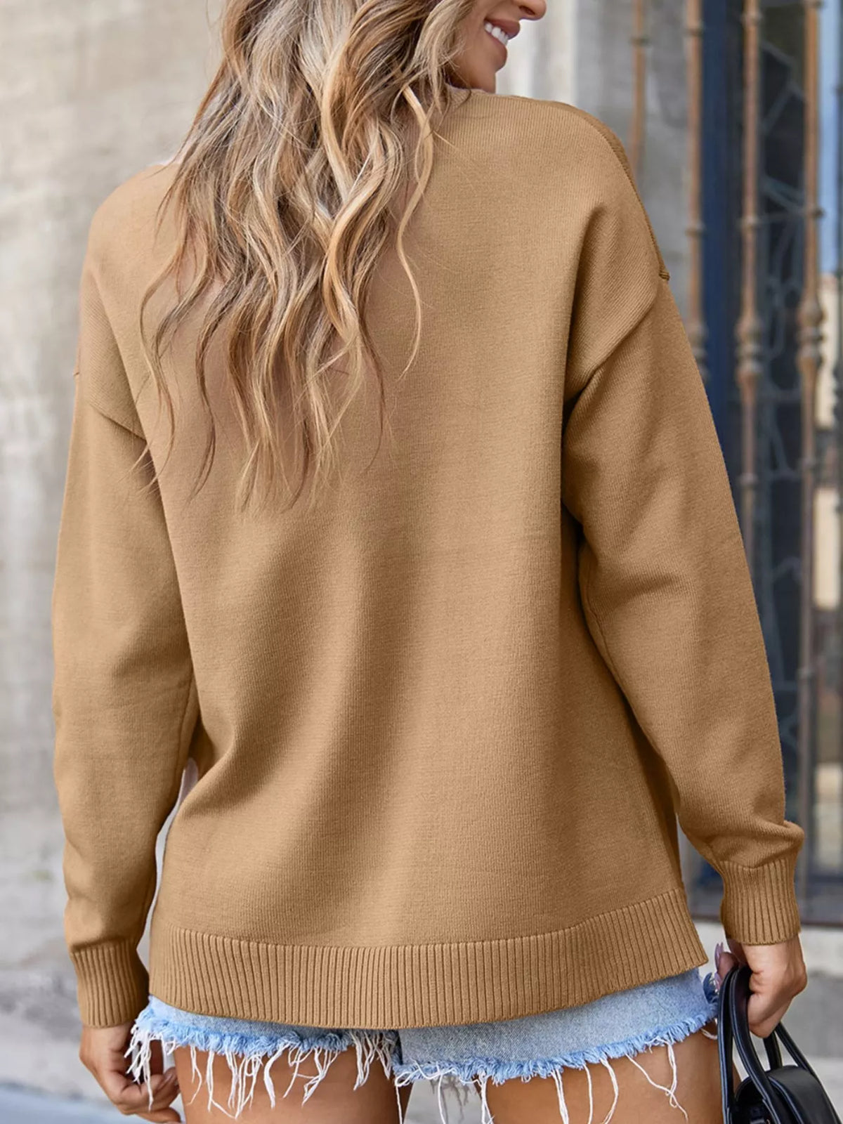 Center Seam Drop Shoulder Pullover Solid Sweater