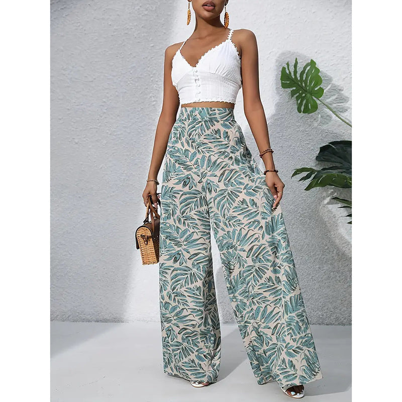 Pantalones palazo de mujer estampados de tiro alto y pierna ancha