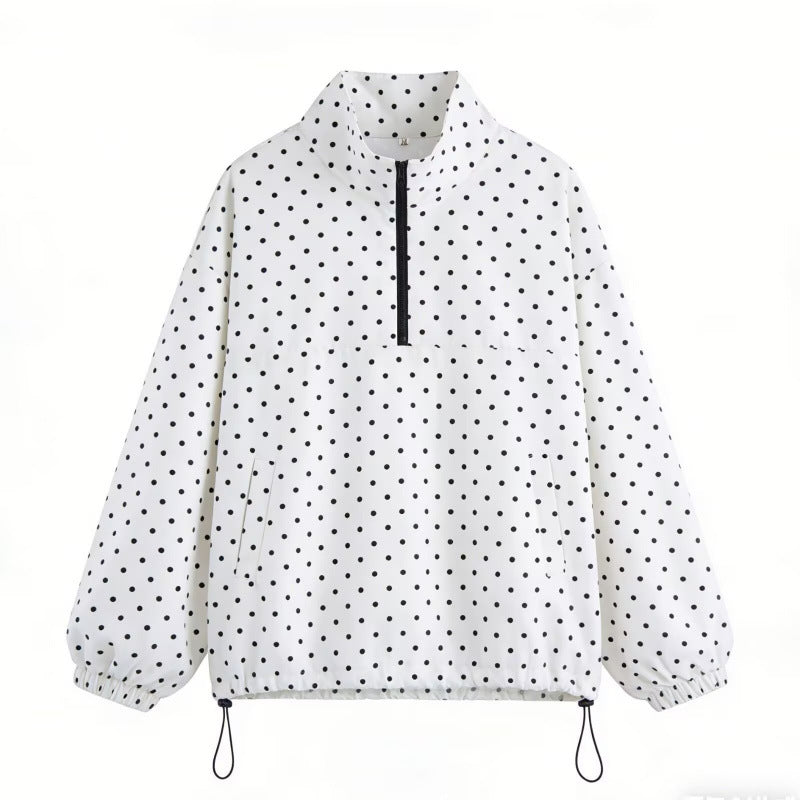 Fashionable Polka-dot Half-zip Loose-fit Hoodie Jacket