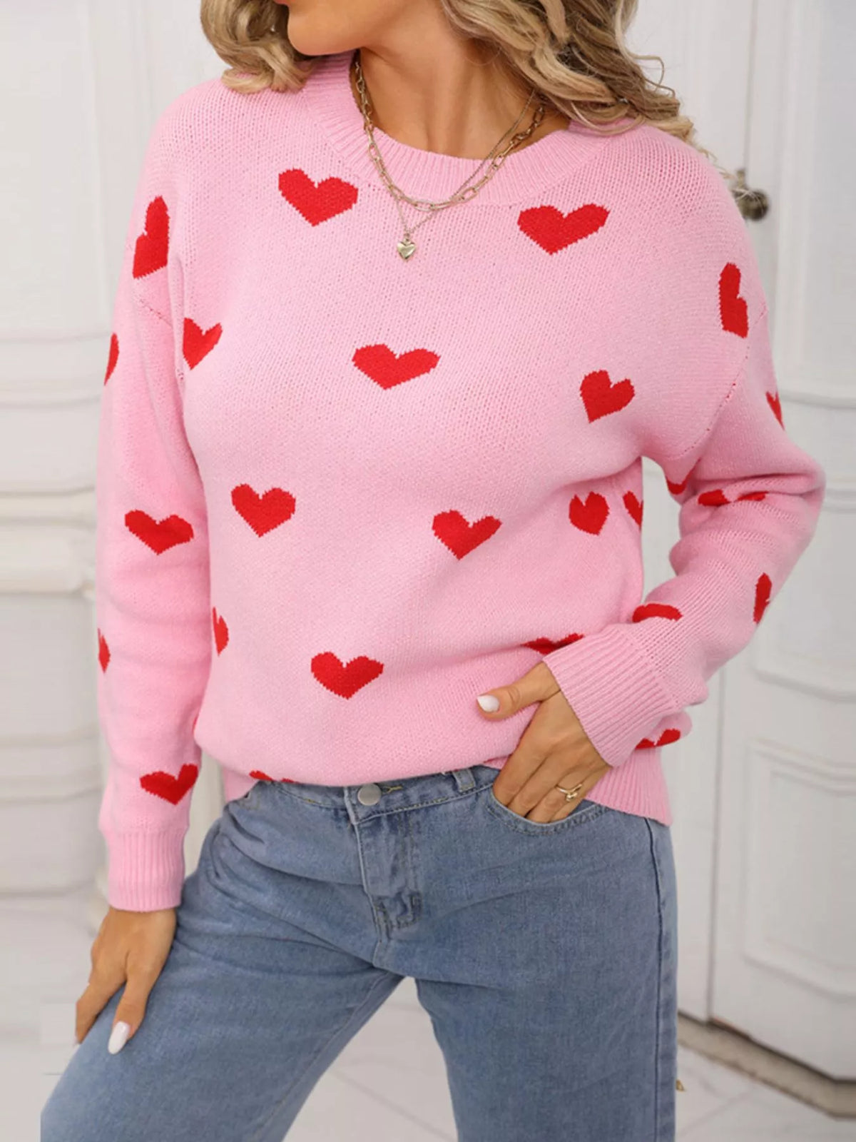 Valentine's Day Heart Pattern Dropped Shoulder Sweater