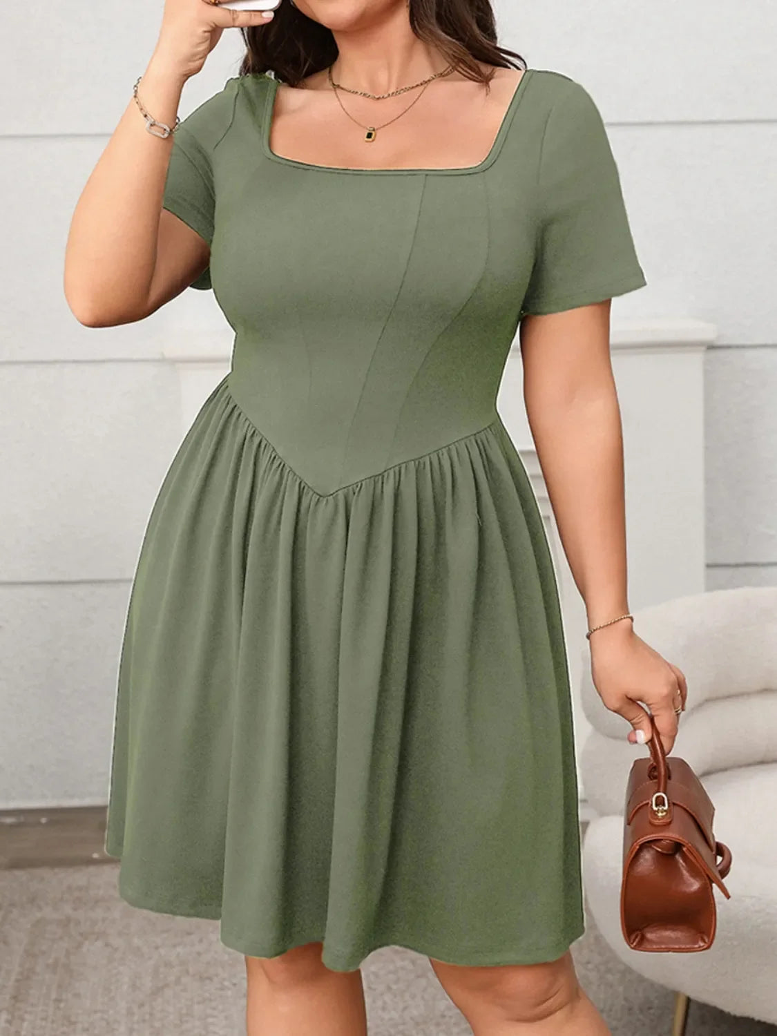Plus Size Square Neck Short Sleeve Mini Dress