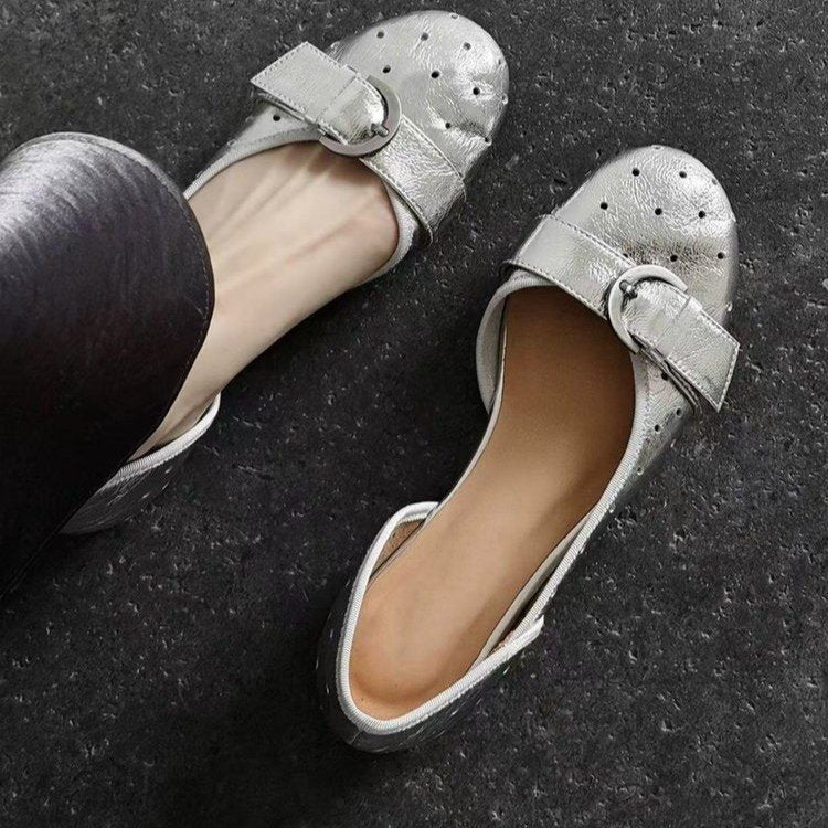 Women Polka Dot Mary Jane Flats Bow Buckle Strap Round Toe Soft Leather Slip On Flat Pumps Vintage Retro Daily Office Casual Dress Shoes