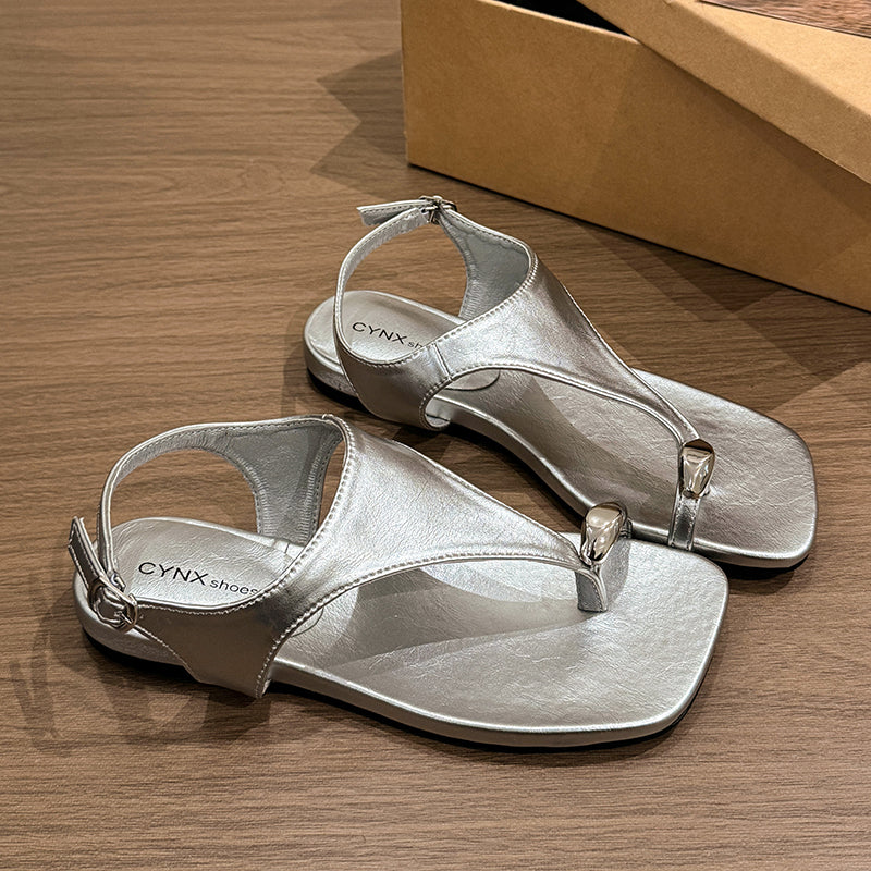French Style Thick Sole Metal Buckle Thong Sandals Women Summer 2026 New Fairy Style Square Toe Roman Shoes For Dresses