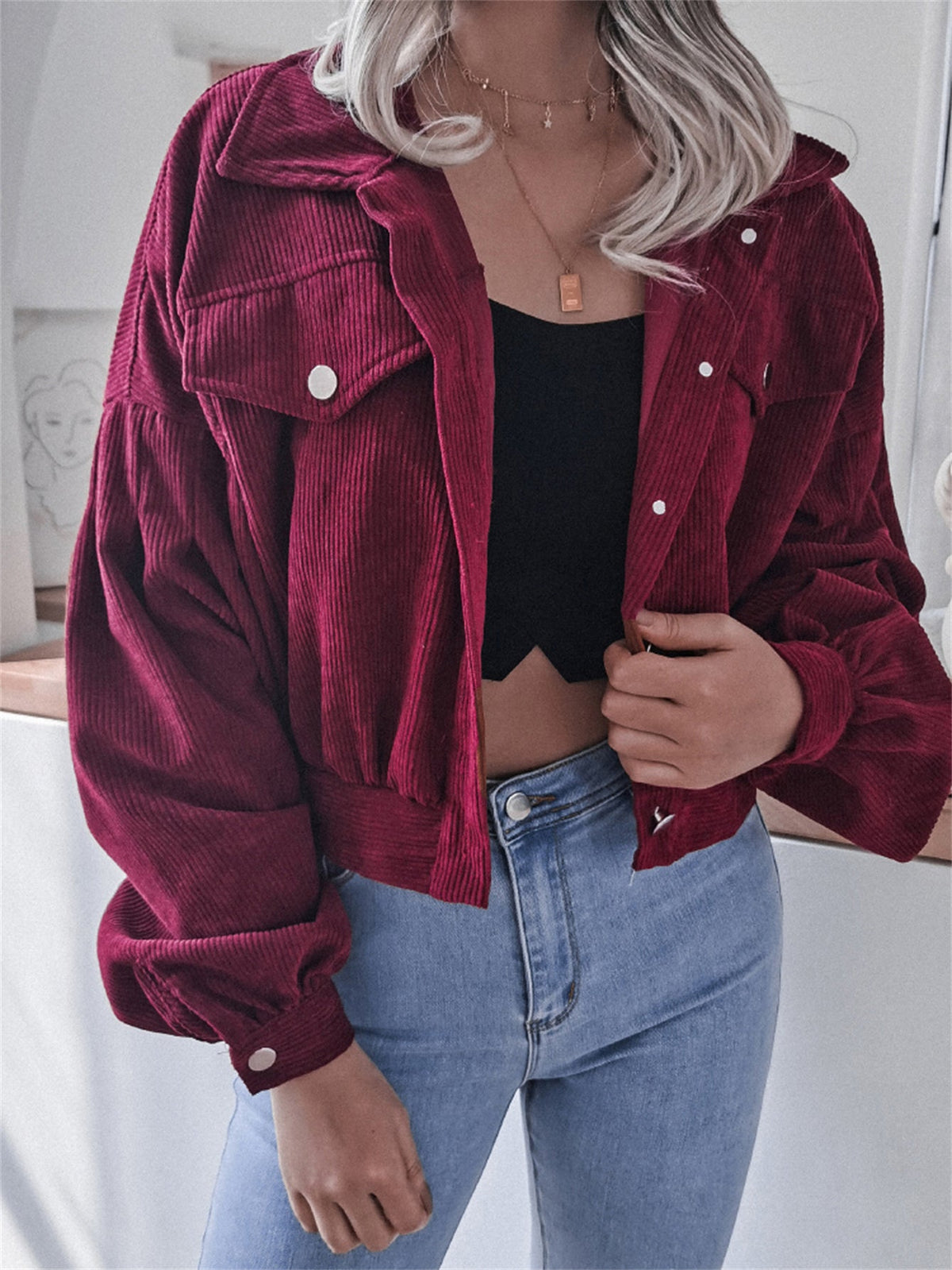 Lantern Sleeve Corduroy Casual Short Jacket