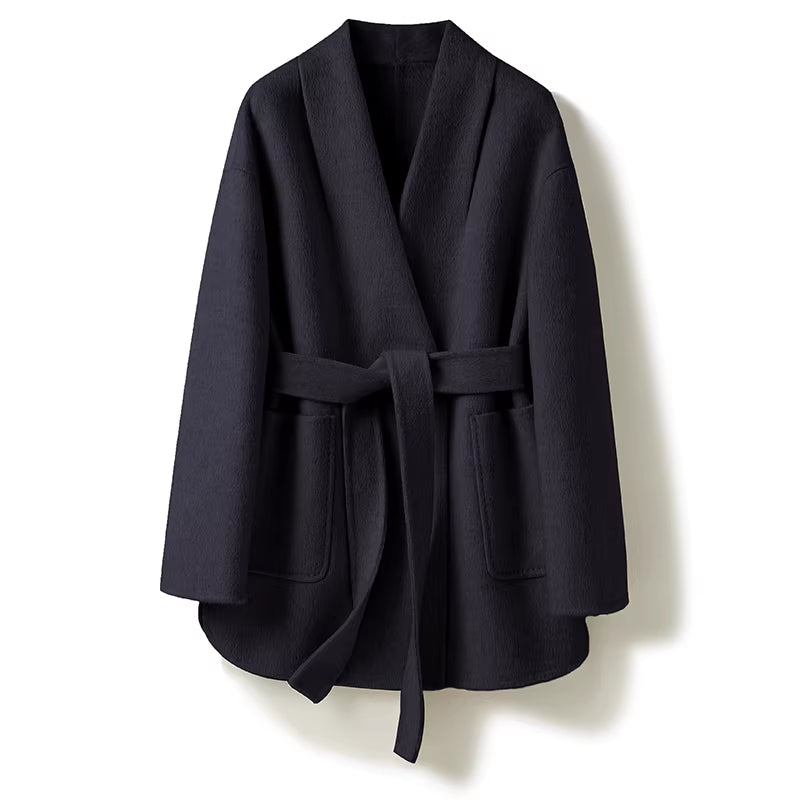 Camel-wool V-neck Wool Double-faced Wool Belted Coat