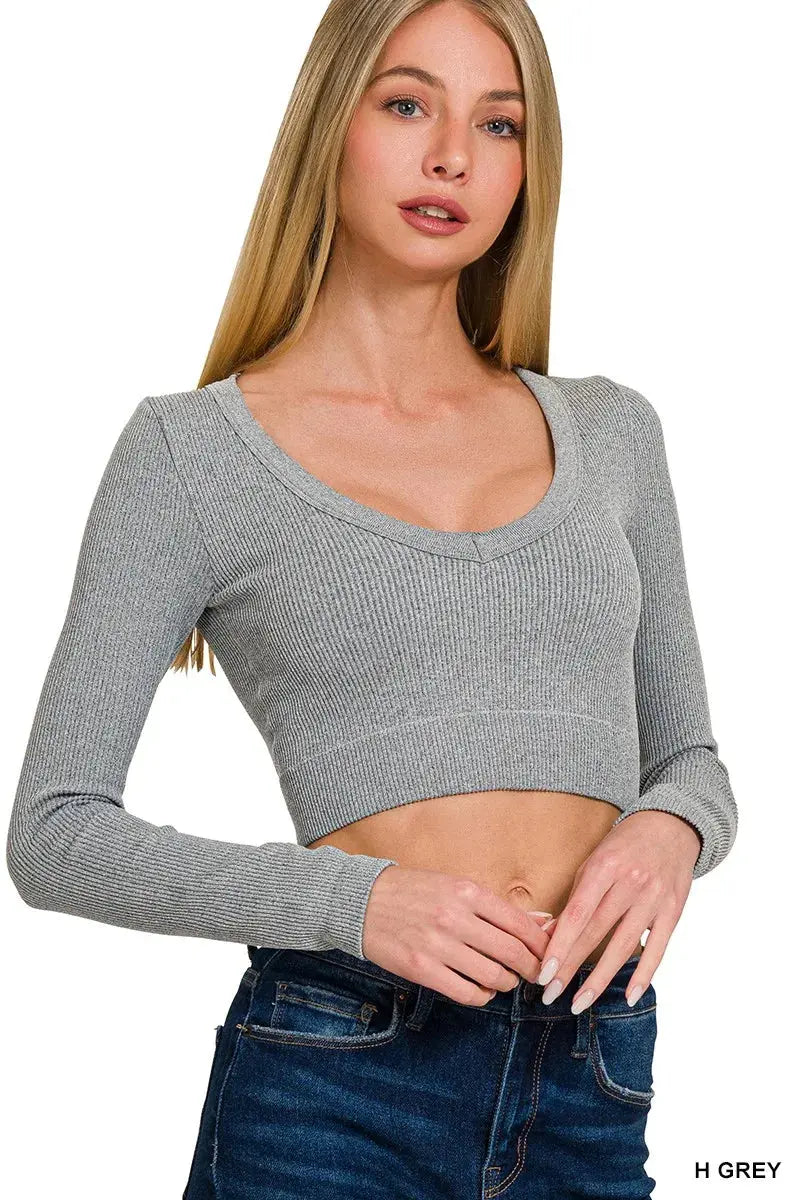 Ribbed Crop Top - V-Neck Long Sleeve - Fitted Tee