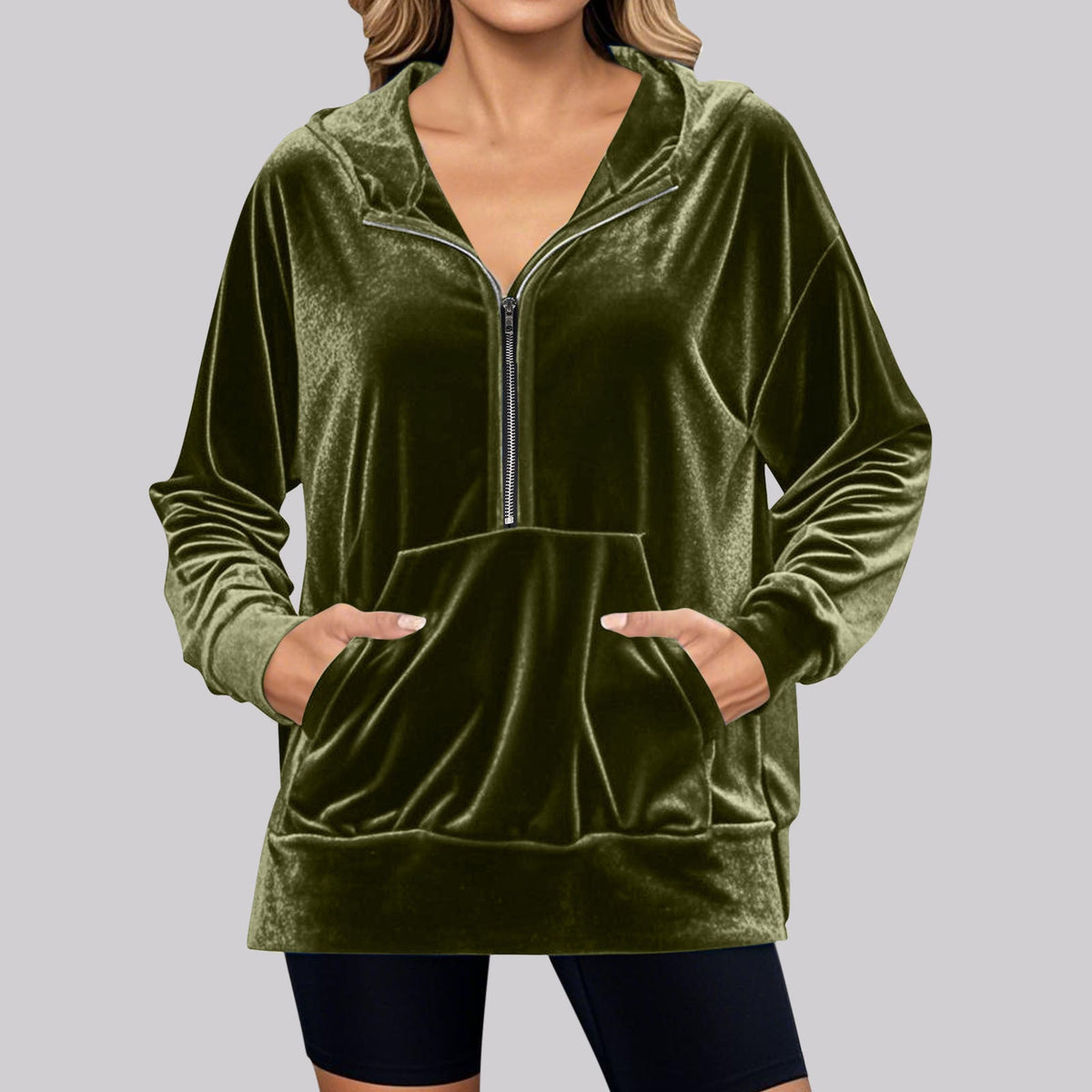 Loose Long Sleeve Zipper Pocket Pleuche Top Women