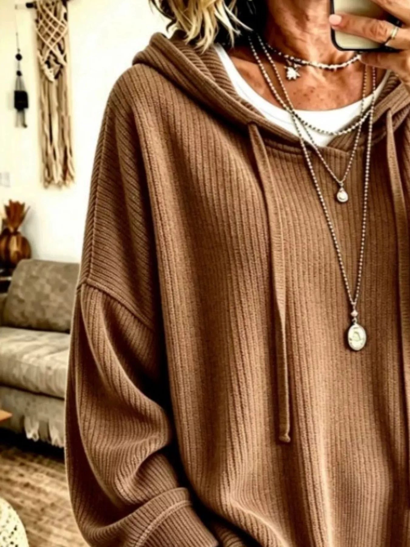 Drawstring Ribbed Knit Hoodie