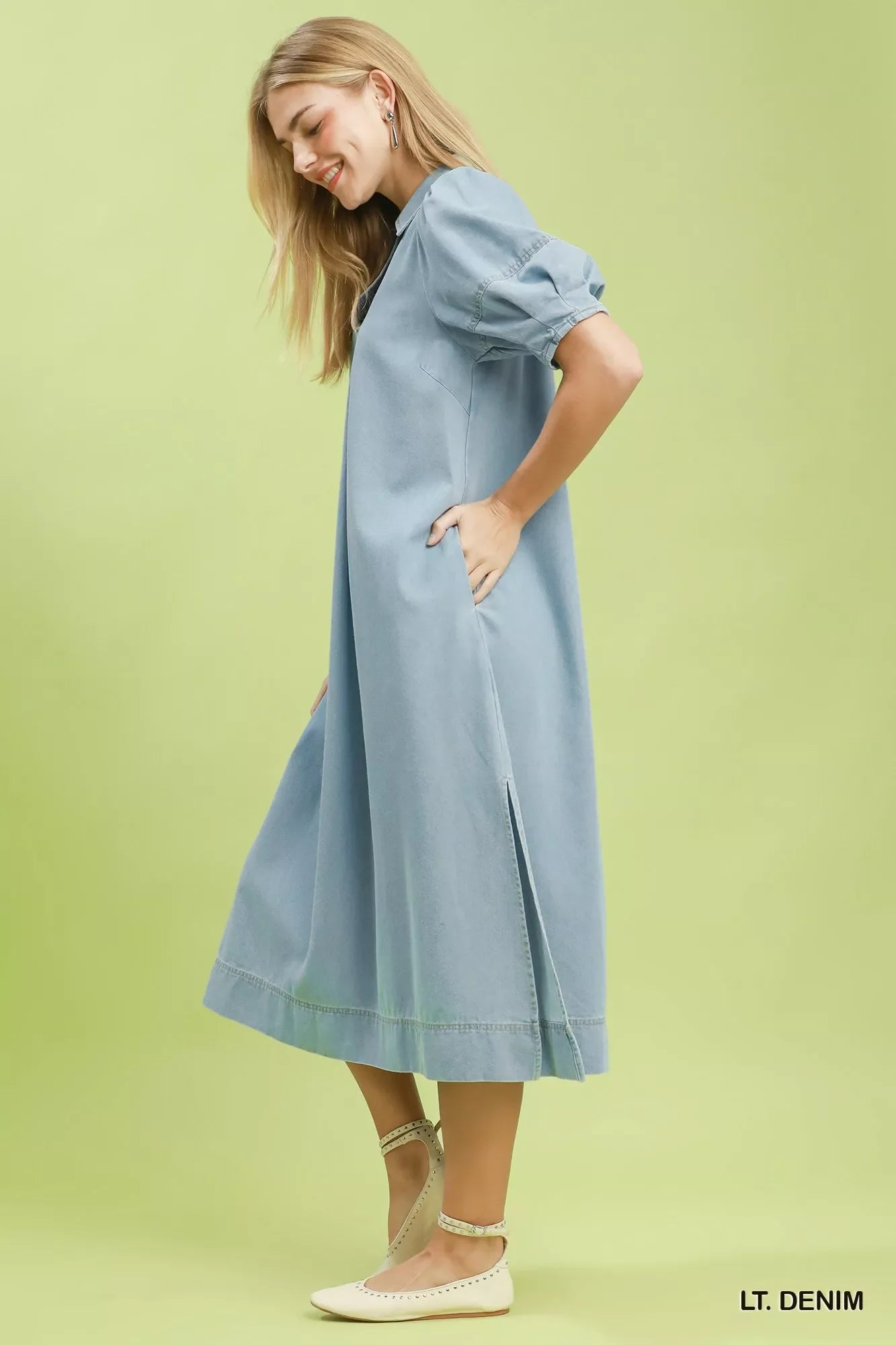 Umgee Chambray Collared Puff Sleeve Dress in Denim
