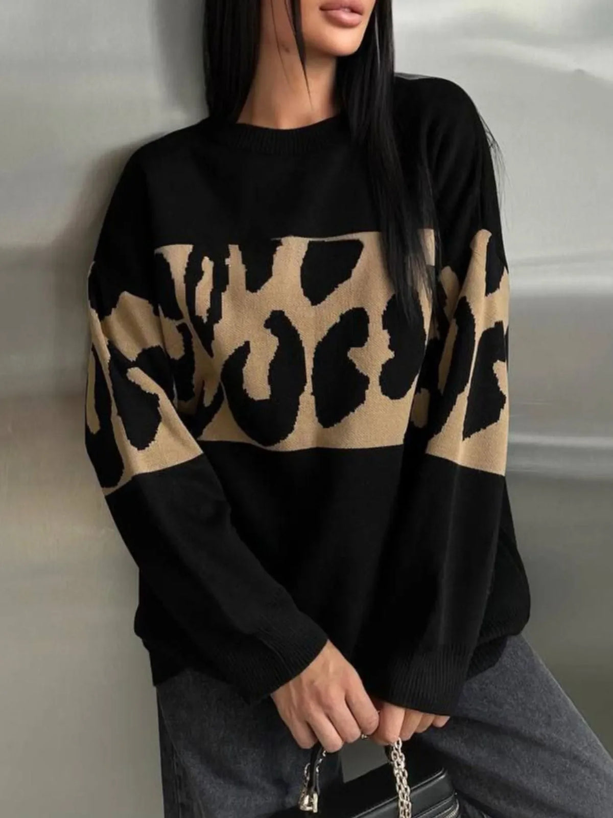 Leopard Color Block Round Neck Sweater