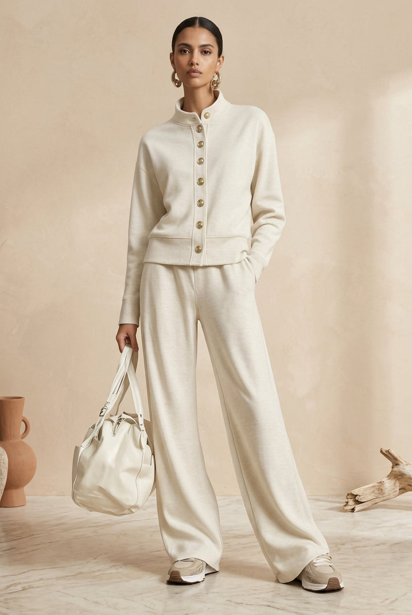 Women's Stand-Collar Button Cardigan & Wide-Leg Pants Set