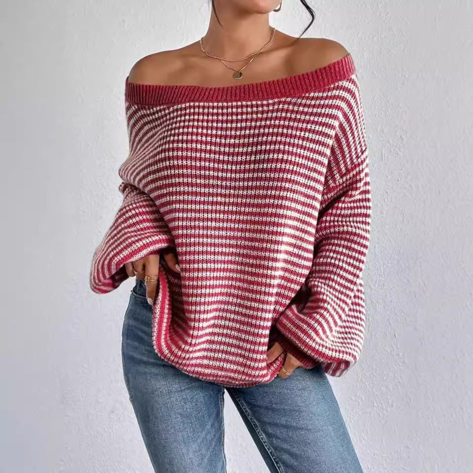 Off-The-Shoulder Knit Sweater With Loose Fit, Color-Blocked Stripes, Lantern Sleeves, Women's European And American Style Red Sweater, Autumn And Winter, High-End Feel