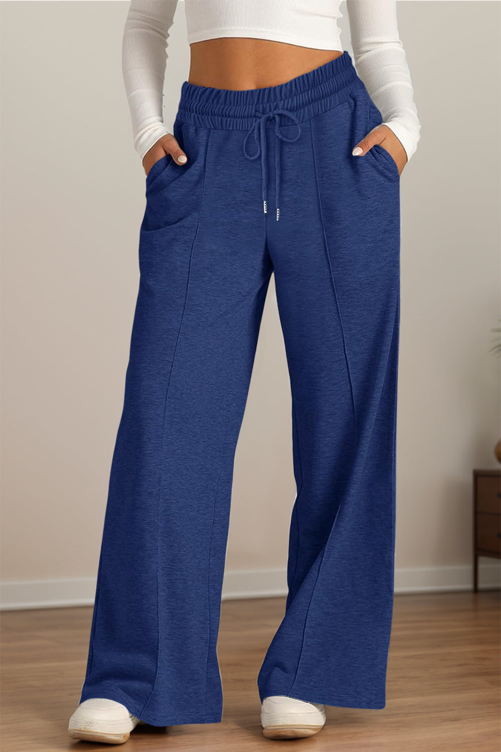 Pantalones de pernera ancha con cintura elástica y cordón ajustable