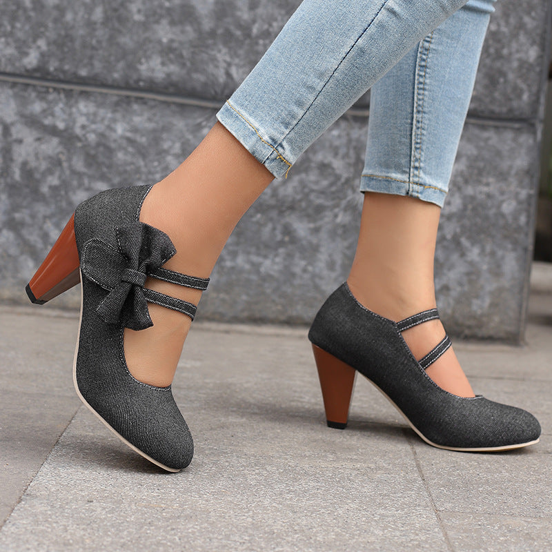Round Toe High Heels Denim Bow See size chart under “more details”