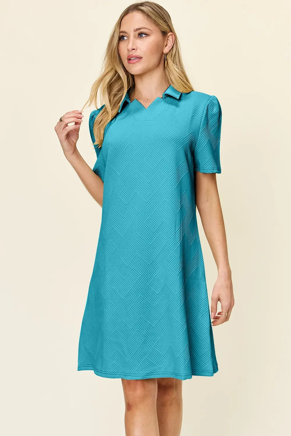 Double Take Textured Collared Short Sleeve Dress