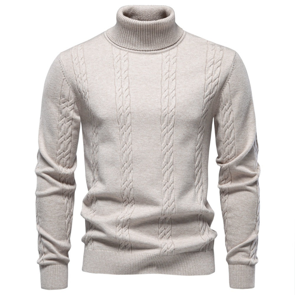 2026 Autumn Winter Cross-Border Foreign Trade Men's Solid Color Twisted Pattern Turtleneck Pullover Knit Sweater, Warm Base Layer Sweater For Men