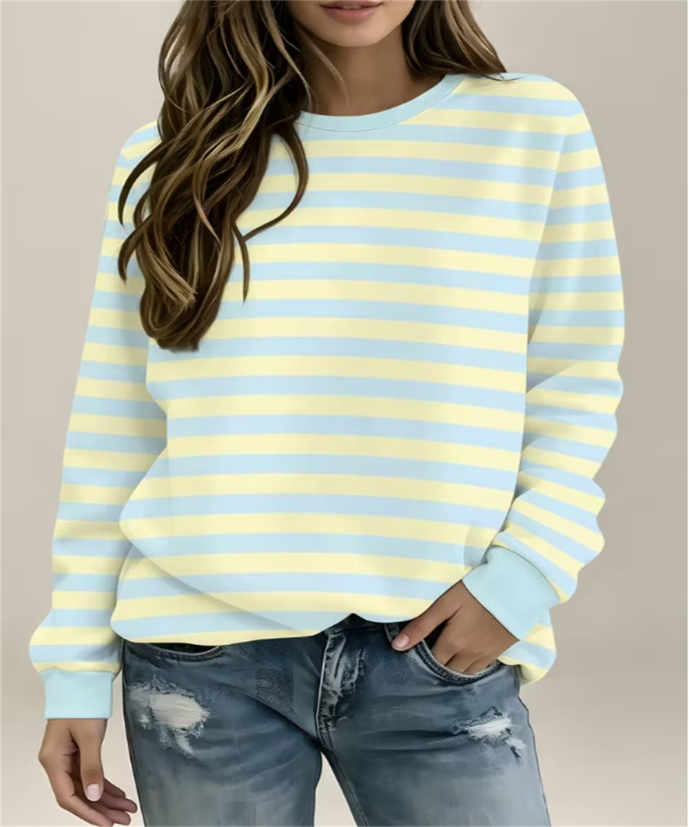 Women's Pink Yellow Horizontal Stripe Print Crew Neck Sweatshirt, Long Sleeve Casual Pullover Top