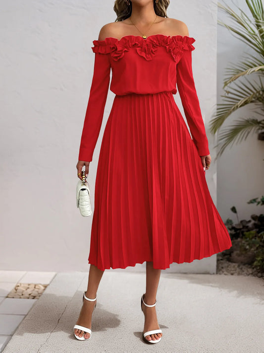 Vestido midi plisado con volantes y hombros descubiertos