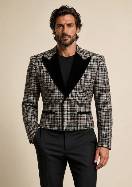 Men Cropped Plaid Tuxedo Blazer Black Velvet Peak Lapel Jacket Only