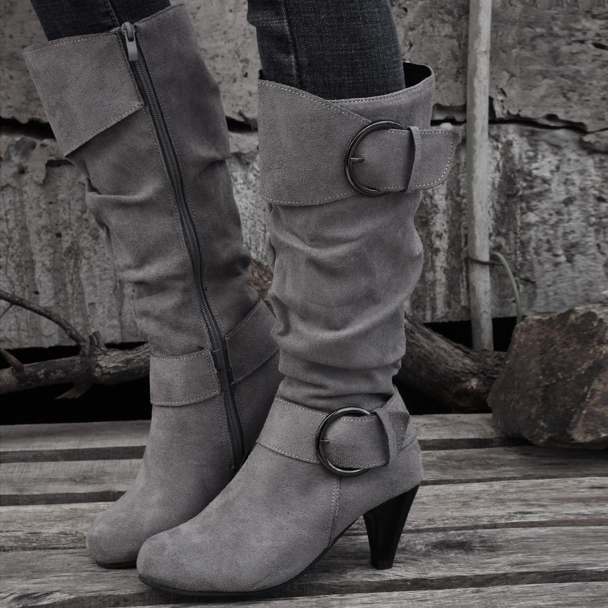 Women's Buckle Detail Round-Toe Boots
