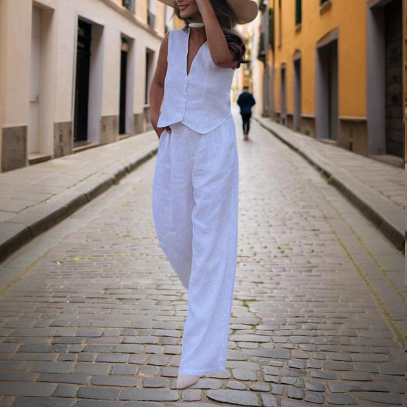Conjunto de chaleco con botones y cuello en V y pantalón de talle alto para mujer