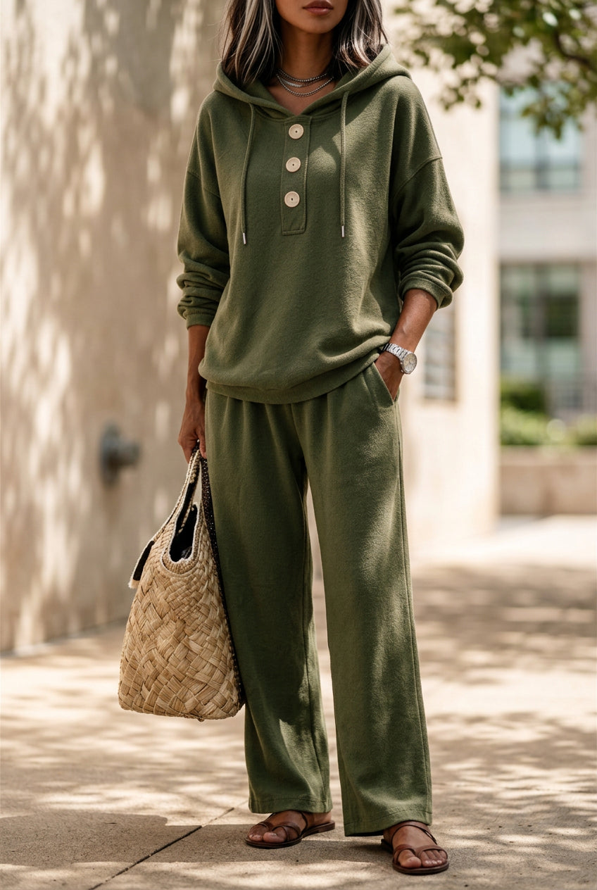 Women's Button-Neck Hoodie & Wide-Leg Pants Set