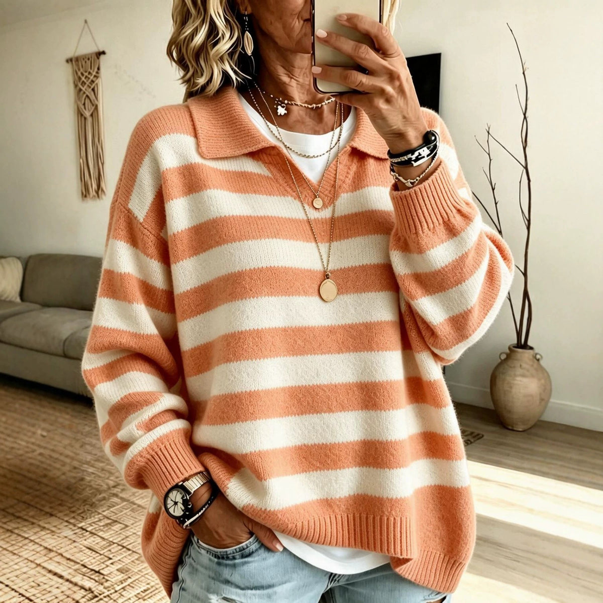Women's Striped Color-Block Navy-Style Knit Sweater With Lapel Collar