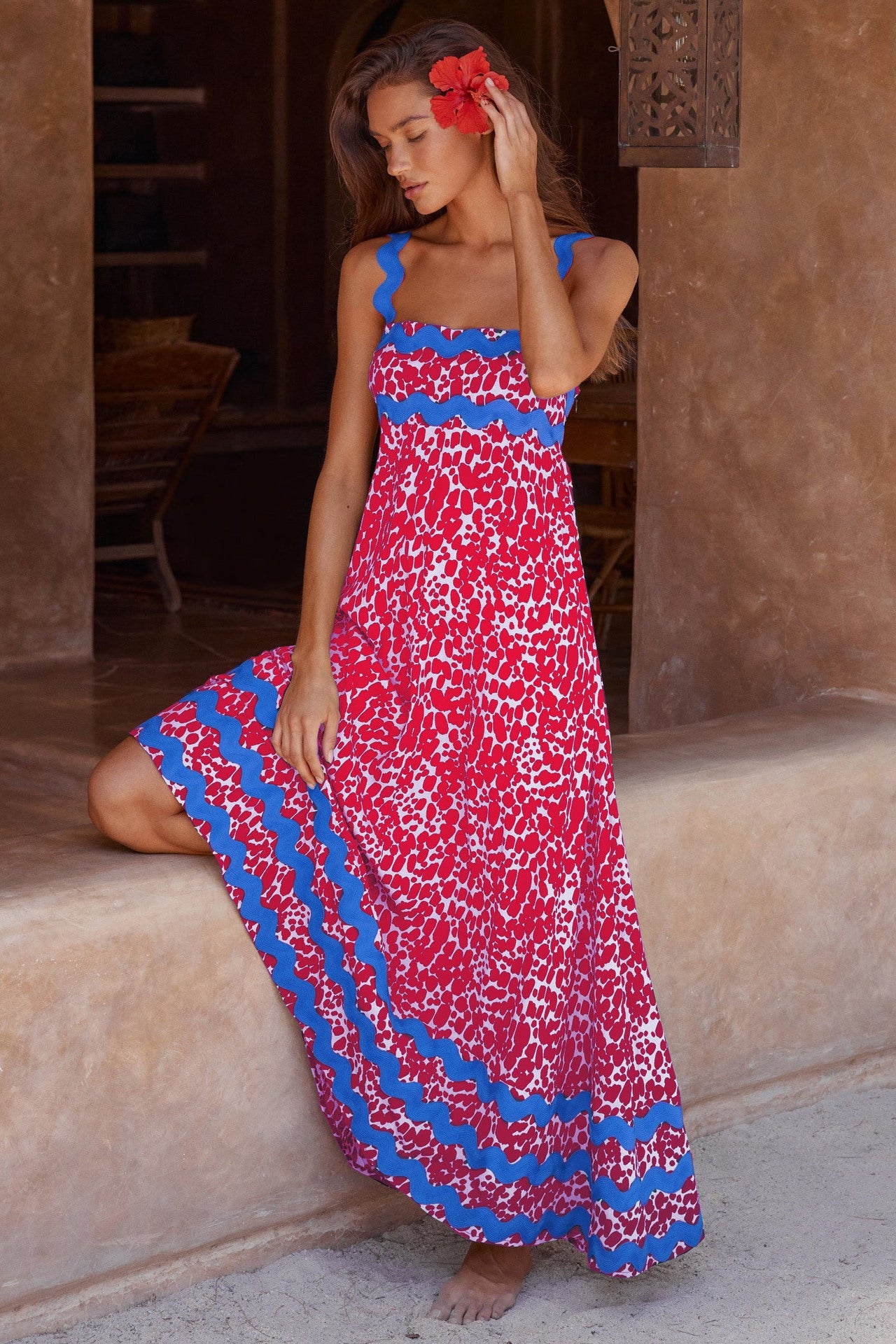 Flowers Print Wavy Pattern Suspender Long Dress For Women Fashion A-Line Beach Dresses Womens Clothing See size chart under “more details”