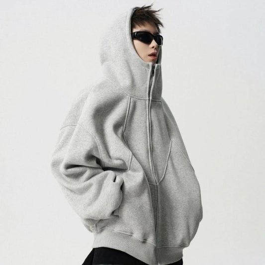 Men's Loose Design Stitching Zip-up Hooded Sweater