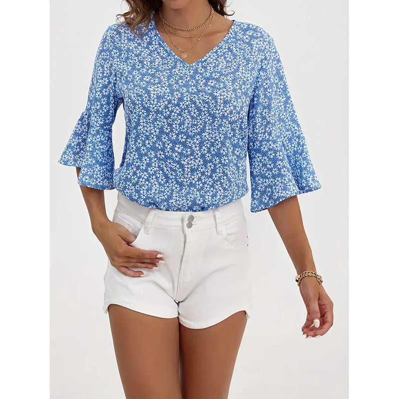 Blusas de verano con estampado floral y cuello en V para mujer con manga acampanada