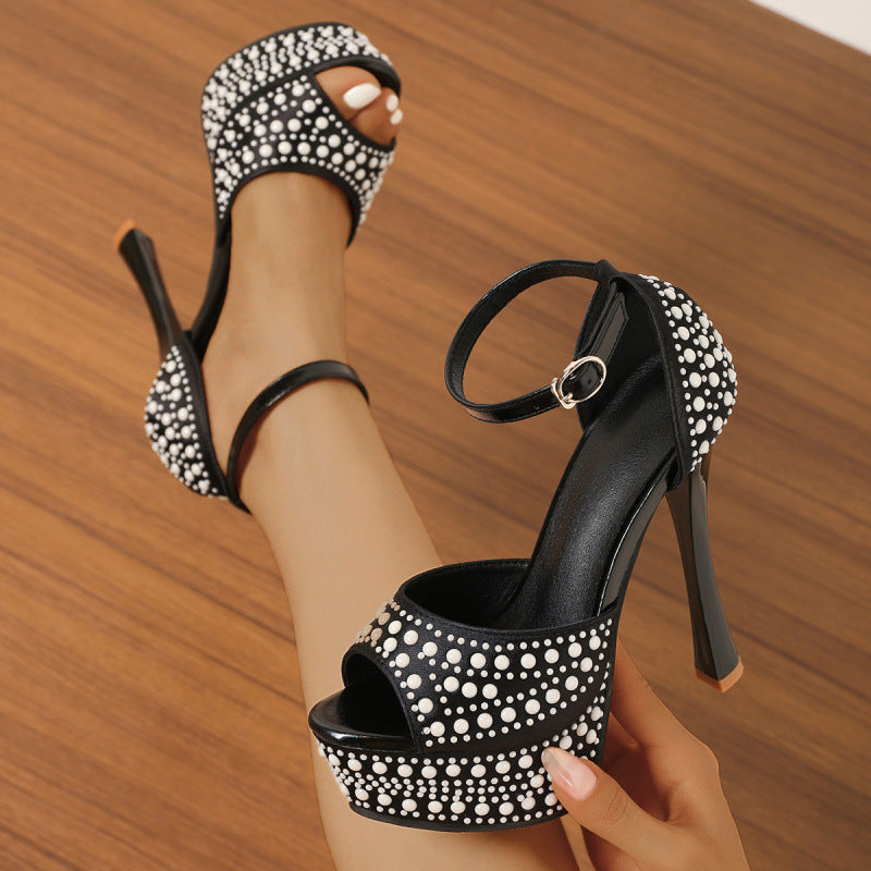 Women's Waterproof Platform Pearl Strap Ultra-Platforms Heels