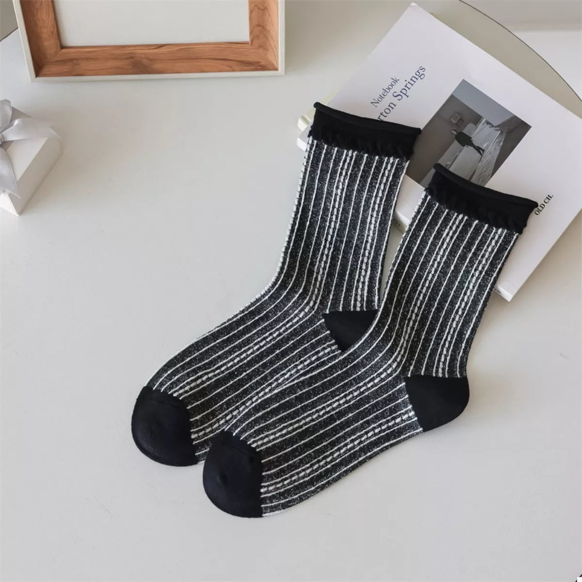 Two-Tone Cotton Knit Crew Socks