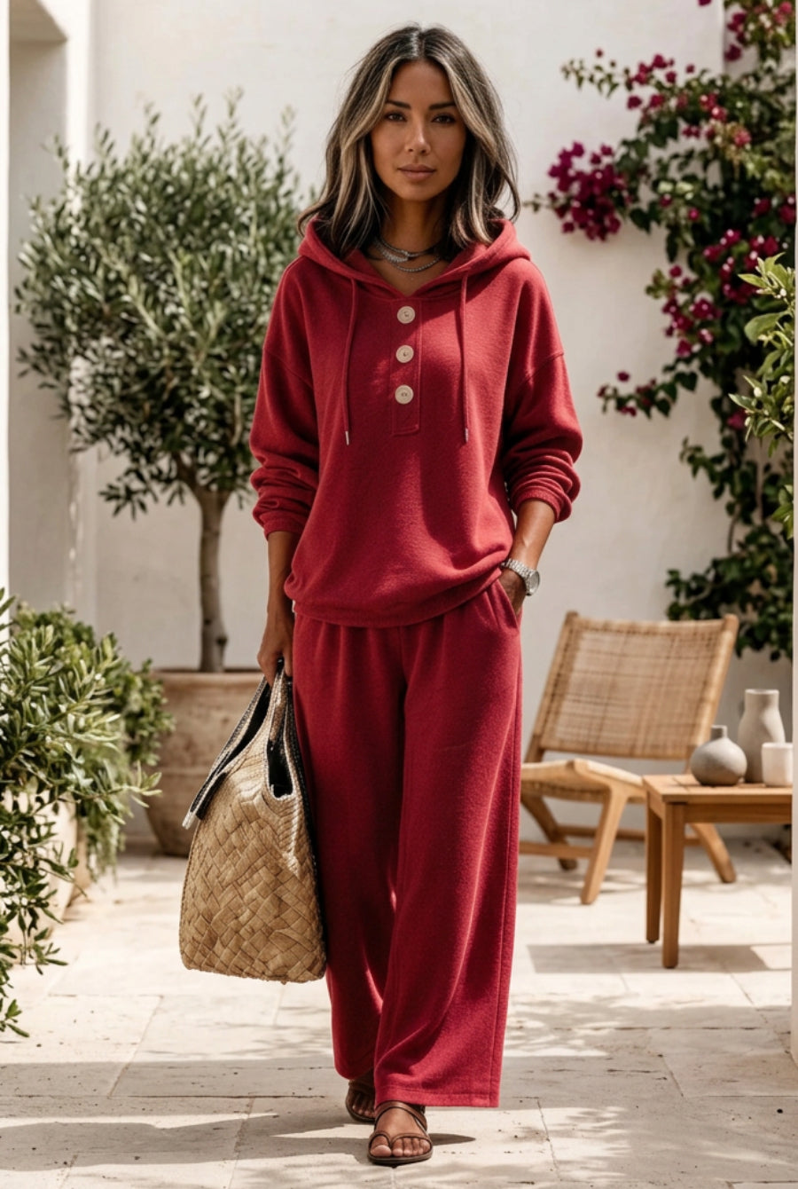 Women's Button-Neck Hoodie & Wide-Leg Pants Set