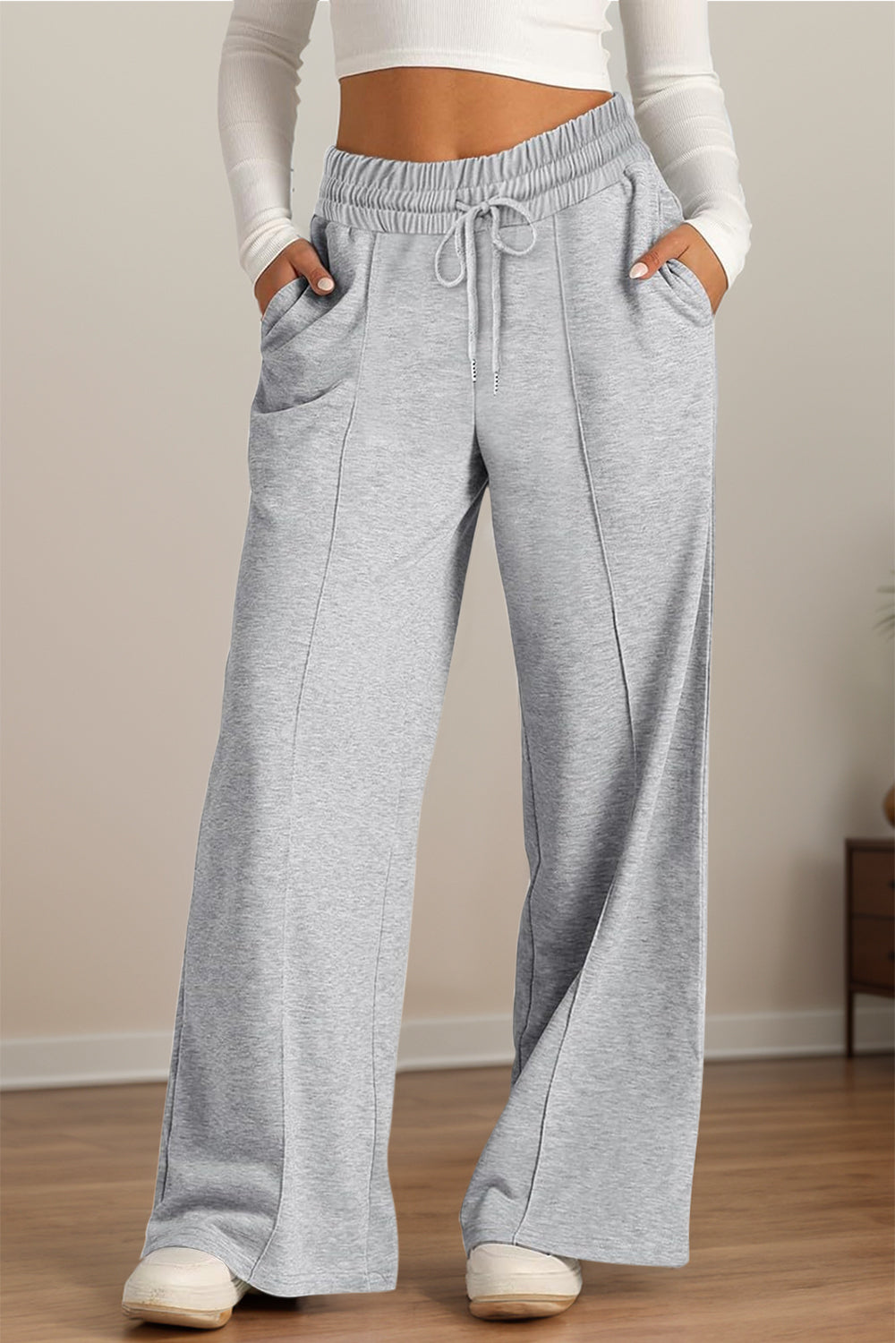 Pantalones de pernera ancha con cintura elástica y cordón ajustable