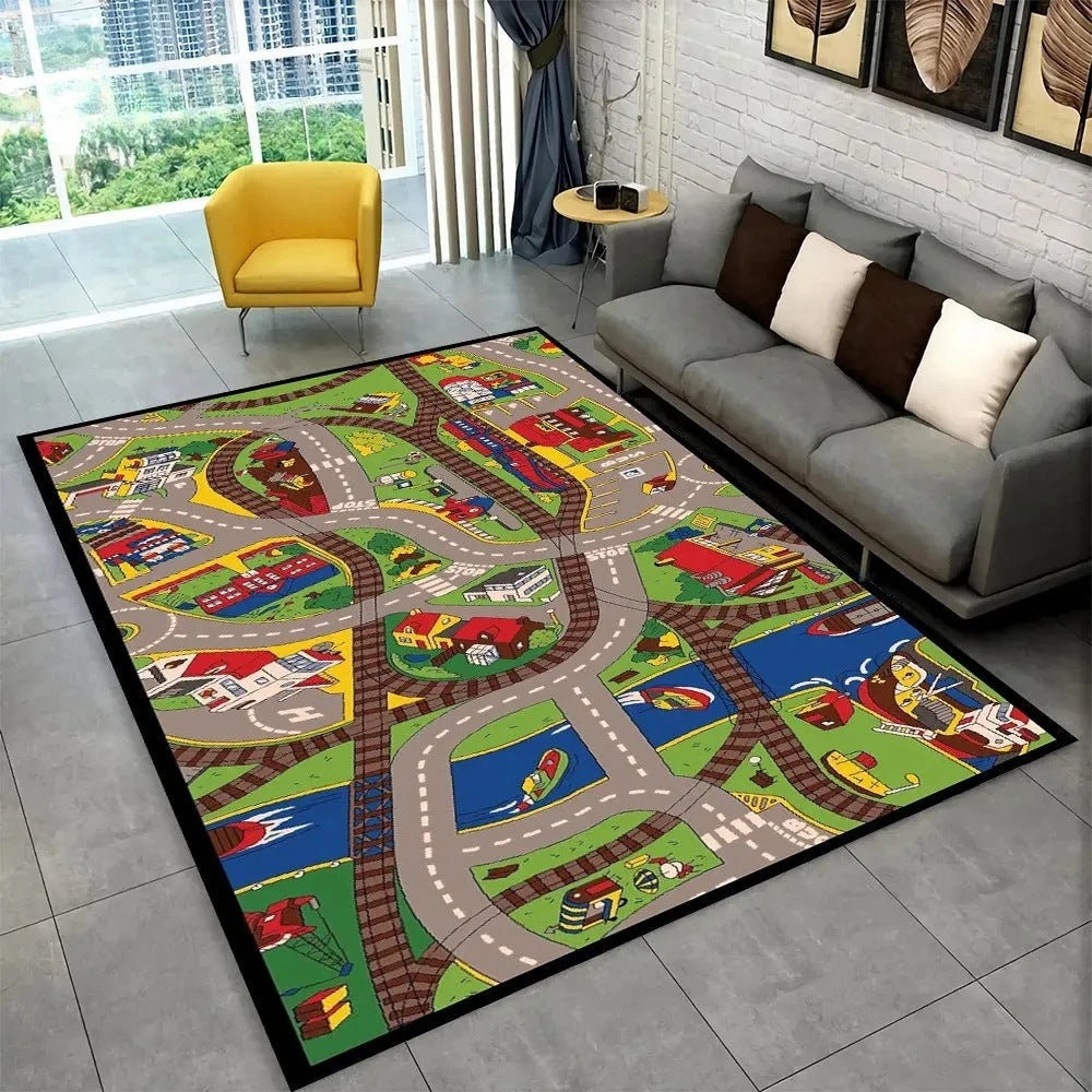 Fun Racing Track Flannel Floor Mat Non-Slip Home Decor Rug For Kids Rooms And Play Areas