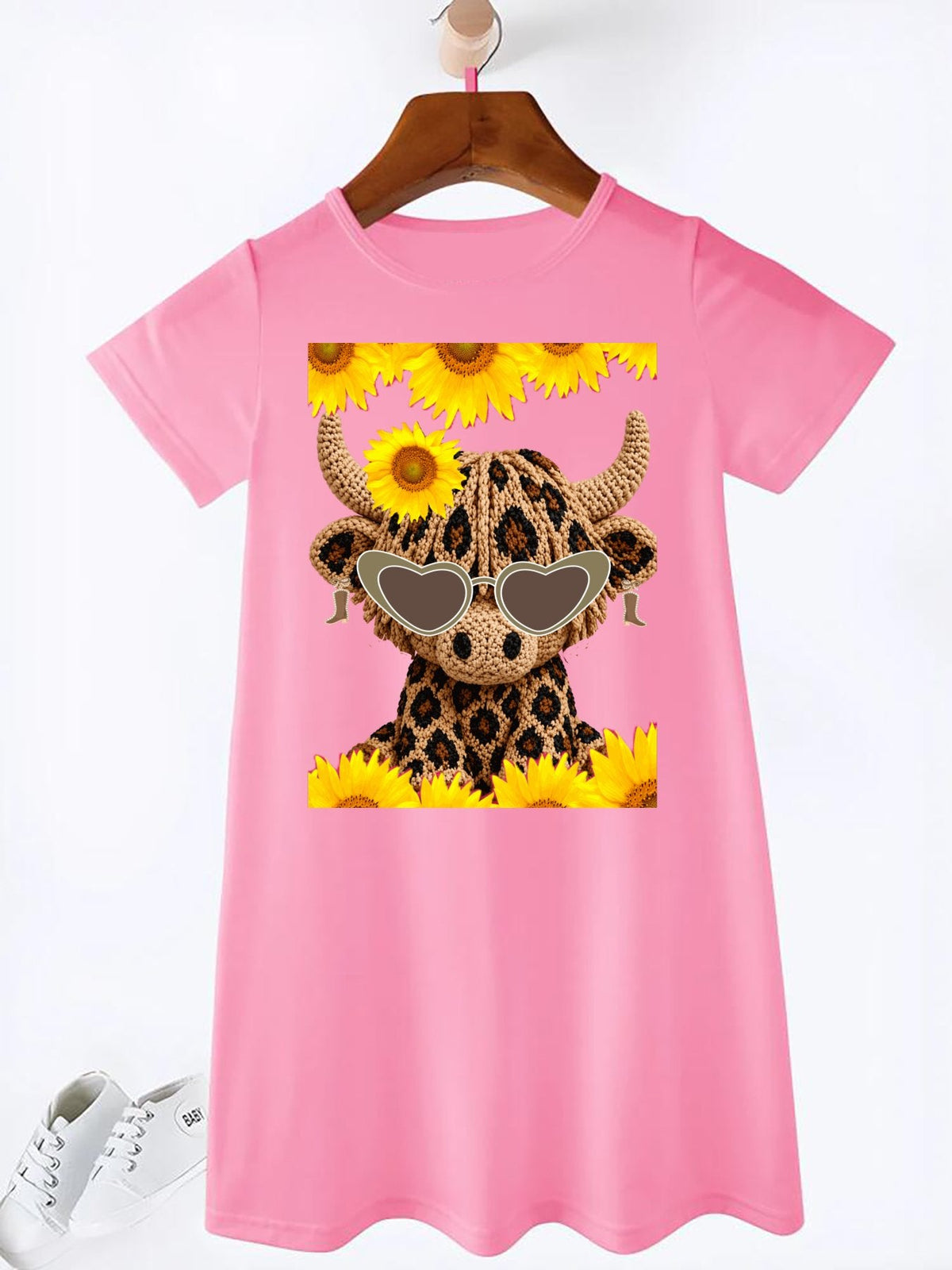 Yarn Highland Cow with Sunflowers Summer Short Dress for Girls