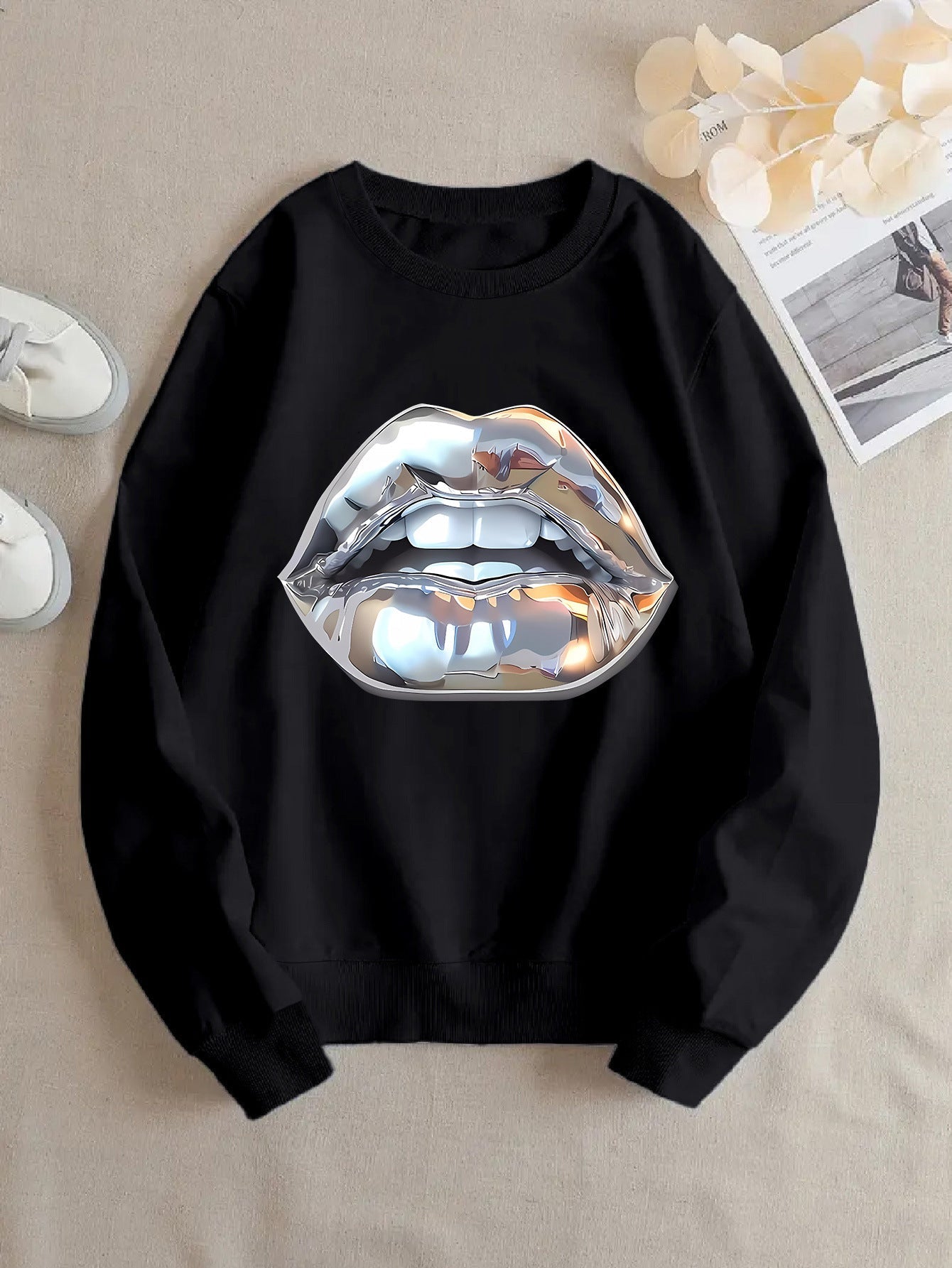 Womens Cartoon Silver Lip-Printed Sweatshirt See size chart under “more details”