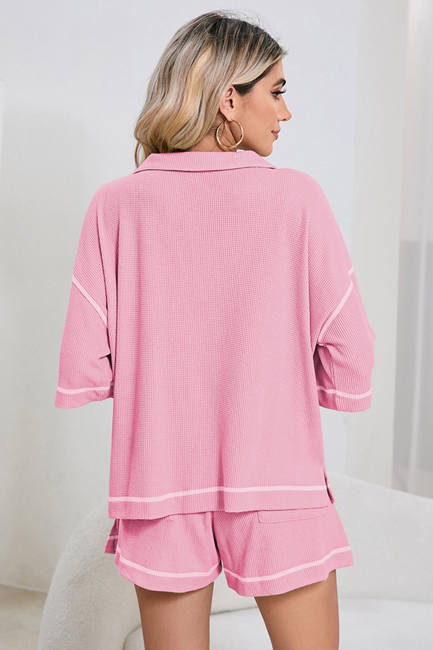 Conjunto casual de 2 piezas de shorts con ribete en bloques de color de gofre transpirable rosa