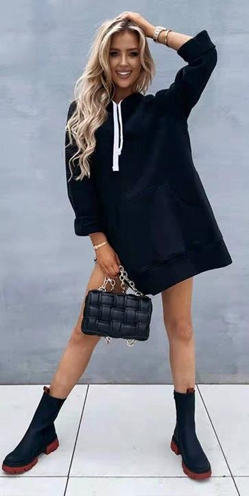 Women's Solid Color Hooded Mid-length Sweater
