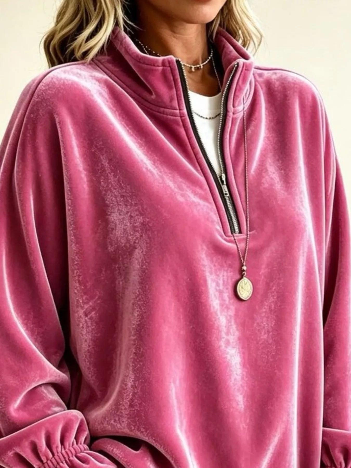 Velvet Quarter-Zip Sweatshirt with Ruffled Cuffs