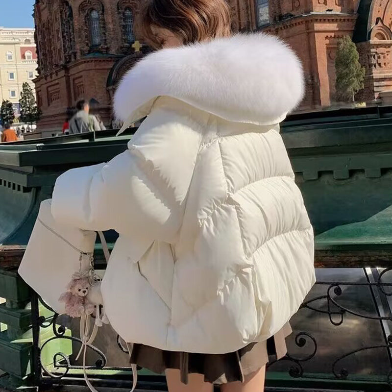 Chaqueta de plumón de algodón para mujer, corta, con cuello de piel, abrigo grueso, ropa de invierno